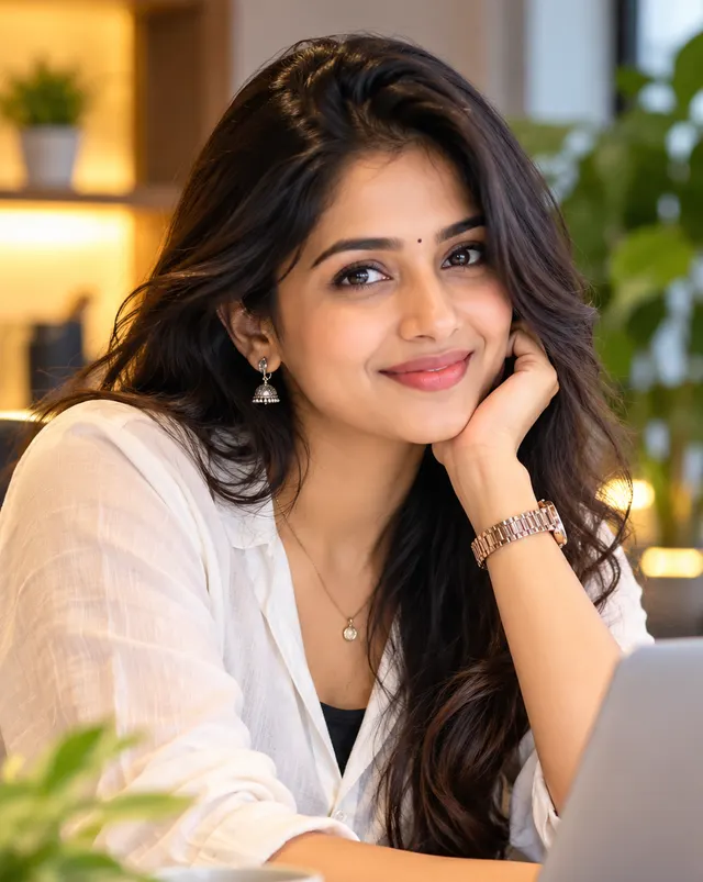 A smiling business owner at her laptop