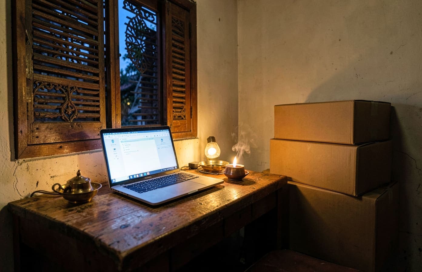 A small business owner's desk at night โ a laptop, a diya lamp, and boxes ready to ship