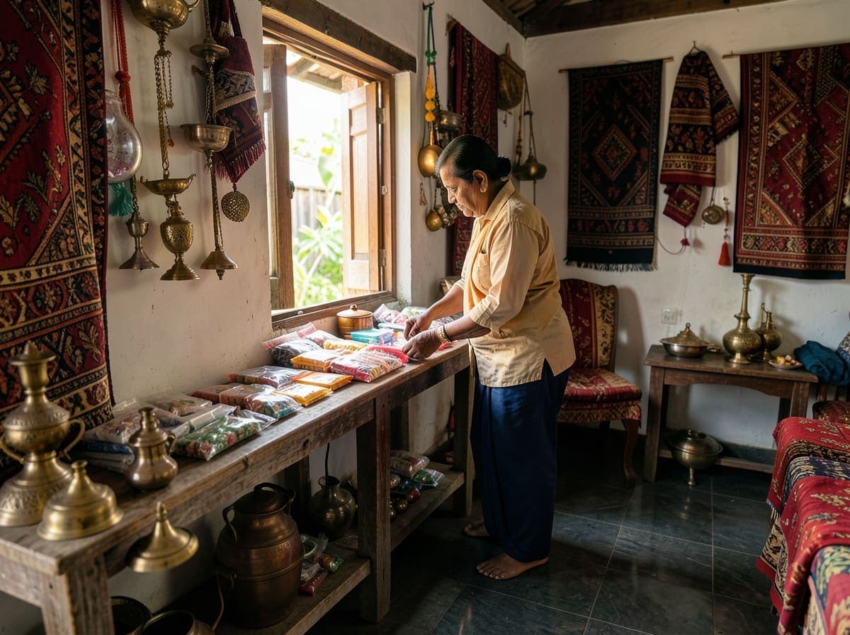 A home-based shop owner arranging products before they go up on the store