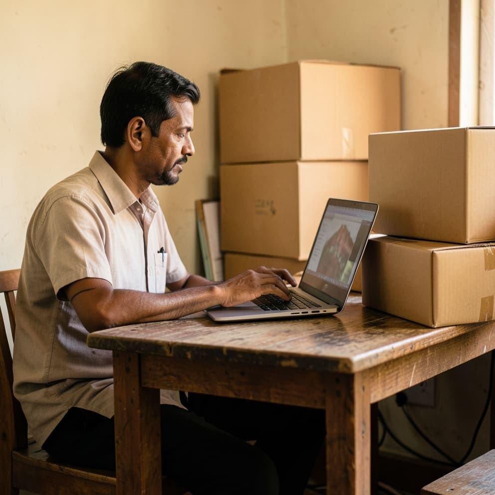 A business owner managing online orders from a laptop at their own desk